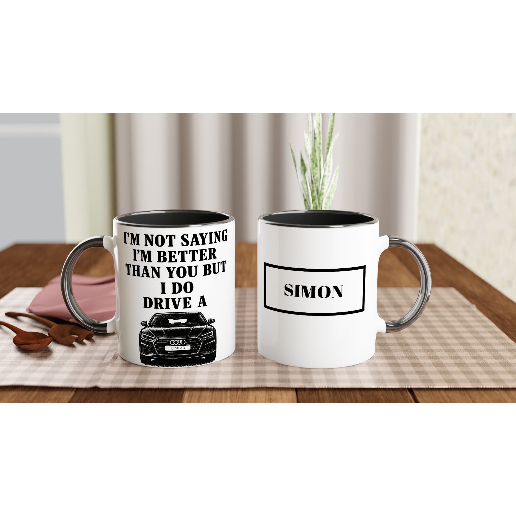 Funny Personalized Audi Mug - Custom Car Lover Dad Gift - Add Name &amp; Number Plate - 11oz Ceramic Ceramic Black