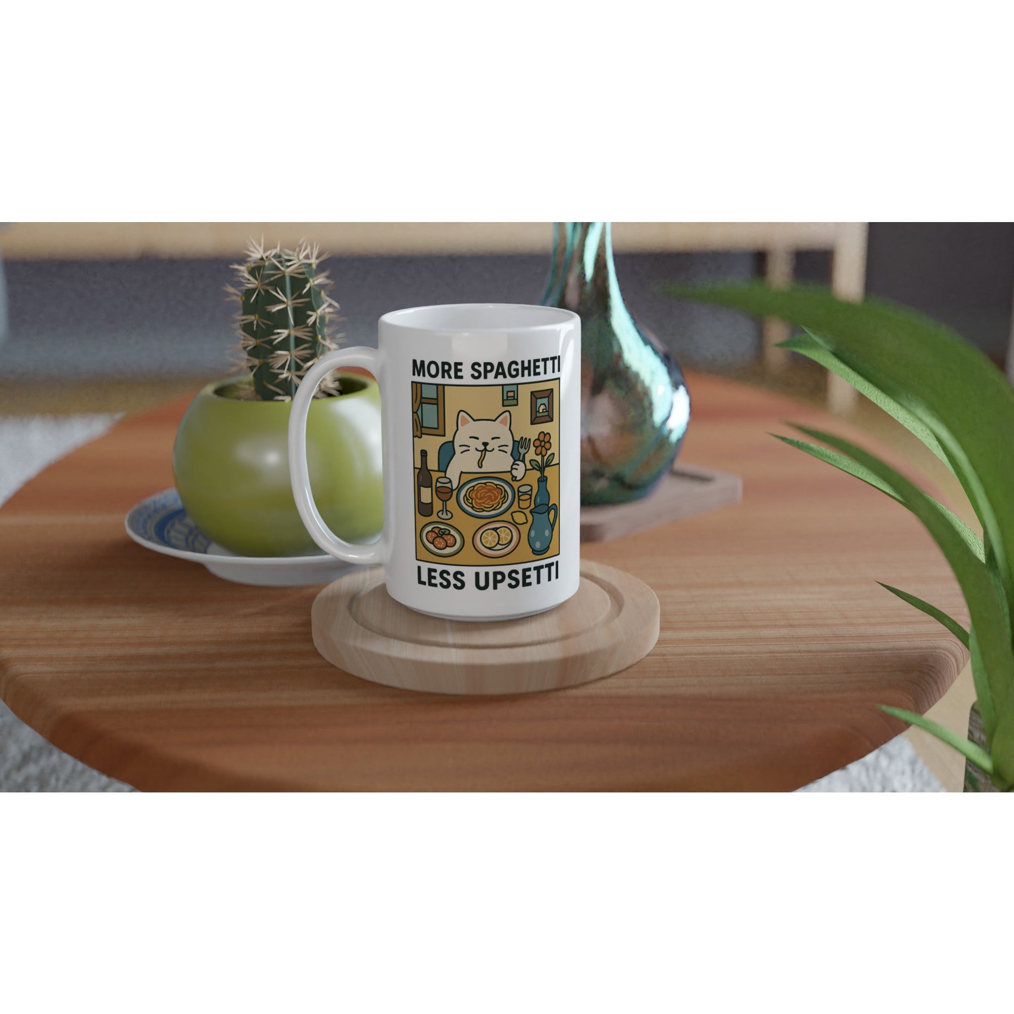 More Spaghetti Less Upsetti Mug - Cute Cat Lover Gift - 15oz Ceramic Cup for Coffee &amp; Tea - White 15oz Ceramic Mug