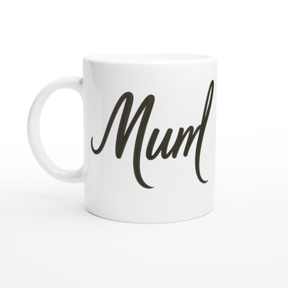 Mum Mug - Blue Brush Script Mug with Heart – Bold Blue Calligraphy 11oz Coffee Cup – Mother’s Day or Birthday Gift for Mum Ceramic White