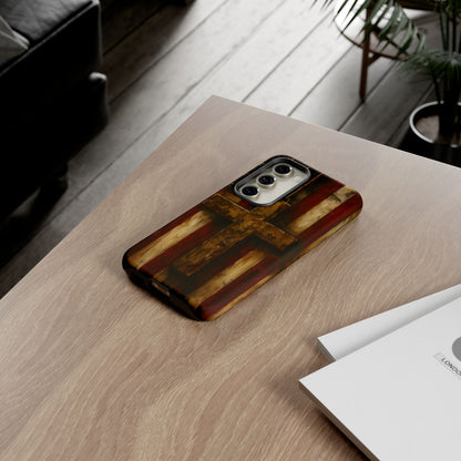 Forged in Faith Phone Case - Rustic Gold Cross &amp; American Flag | Patriotic Christian Case for iPhone, Samsung &amp; Pixel