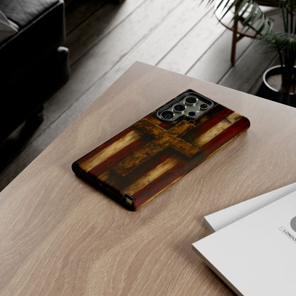Forged in Faith Phone Case - Rustic Gold Cross &amp; American Flag | Patriotic Christian Case for iPhone, Samsung &amp; Pixel
