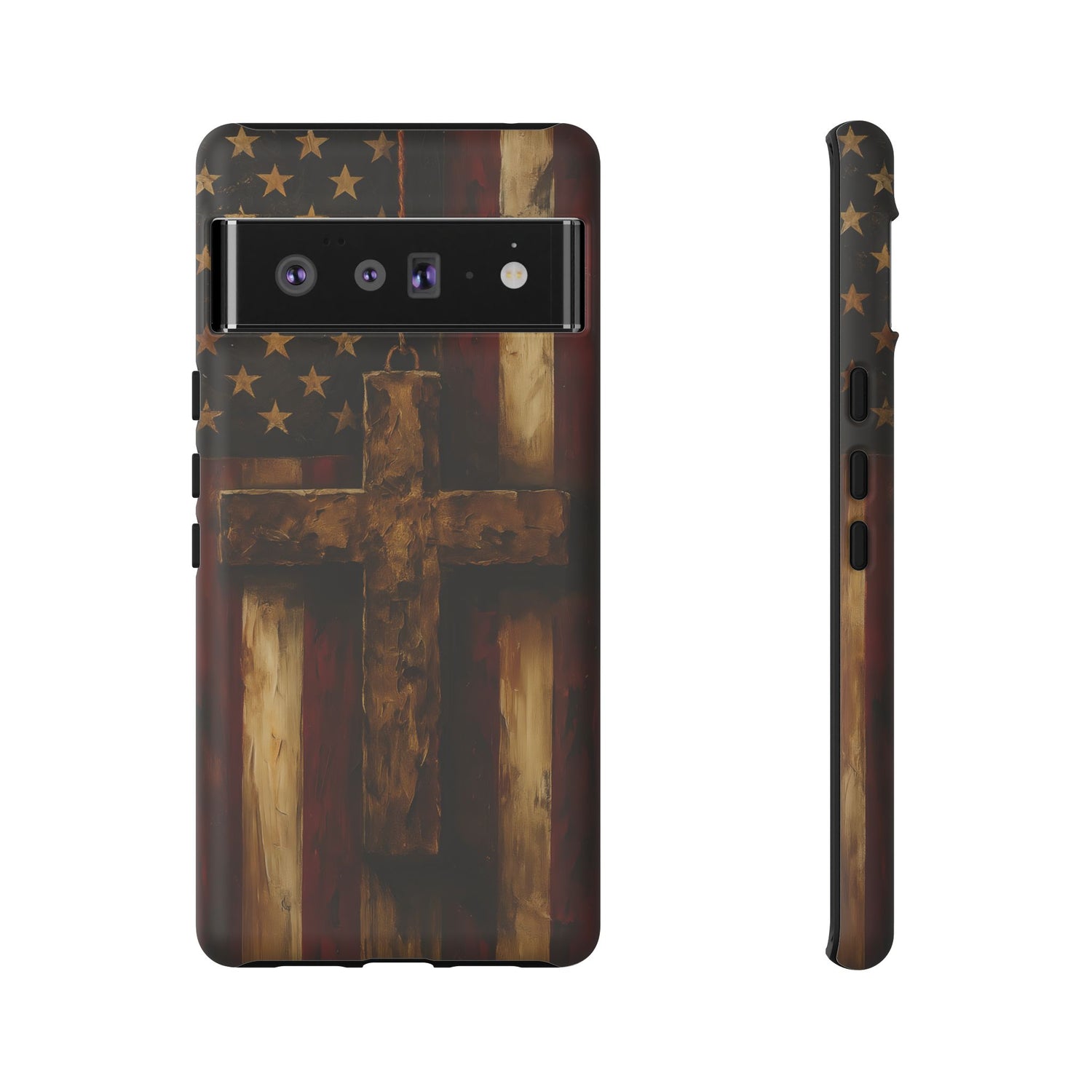 Forged in Faith Phone Case - Rustic Gold Cross &amp; American Flag | Patriotic Christian Case for iPhone, Samsung &amp; Pixel Google Pixel 6 Pro Matte