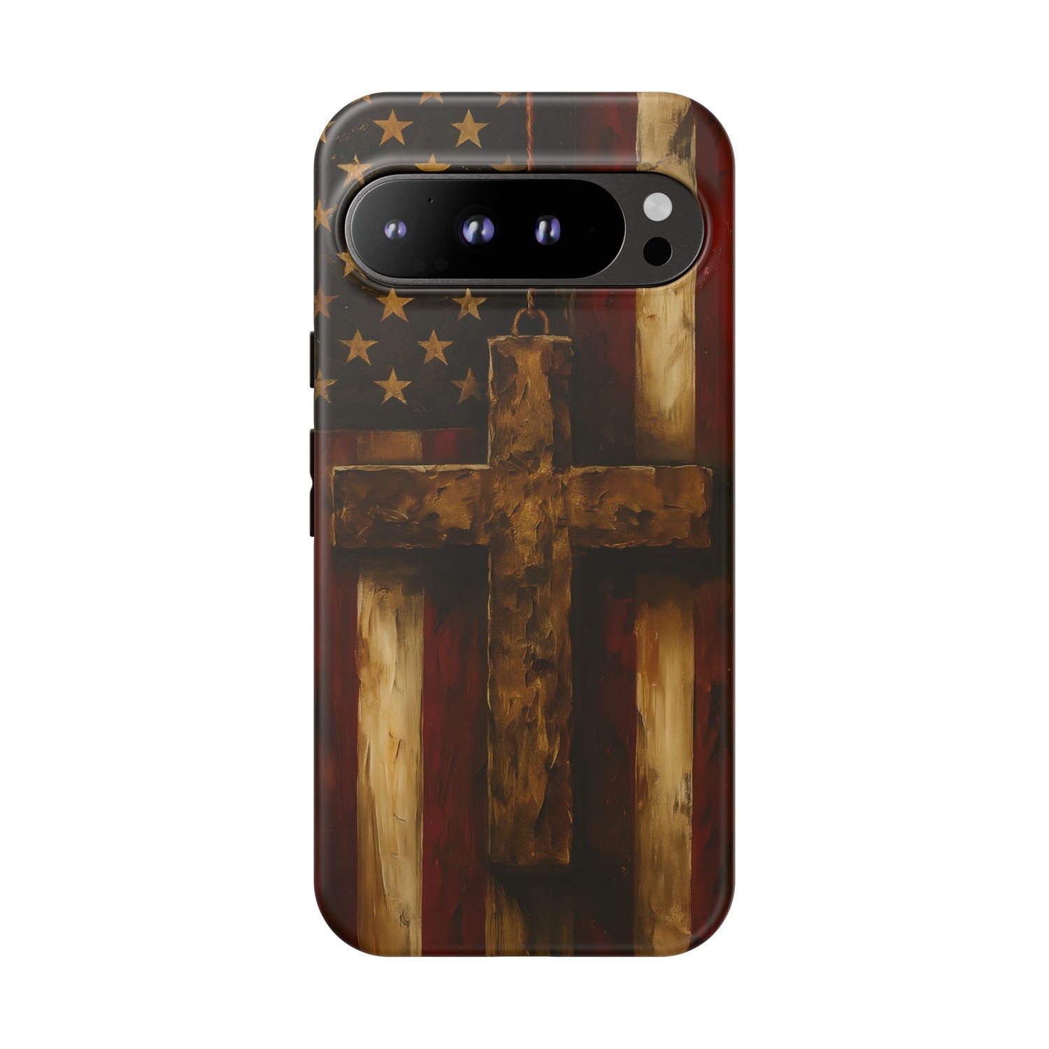 Forged in Faith Phone Case - Rustic Gold Cross &amp; American Flag | Patriotic Christian Case for iPhone, Samsung &amp; Pixel Google Pixel 9 Pro XL Matte