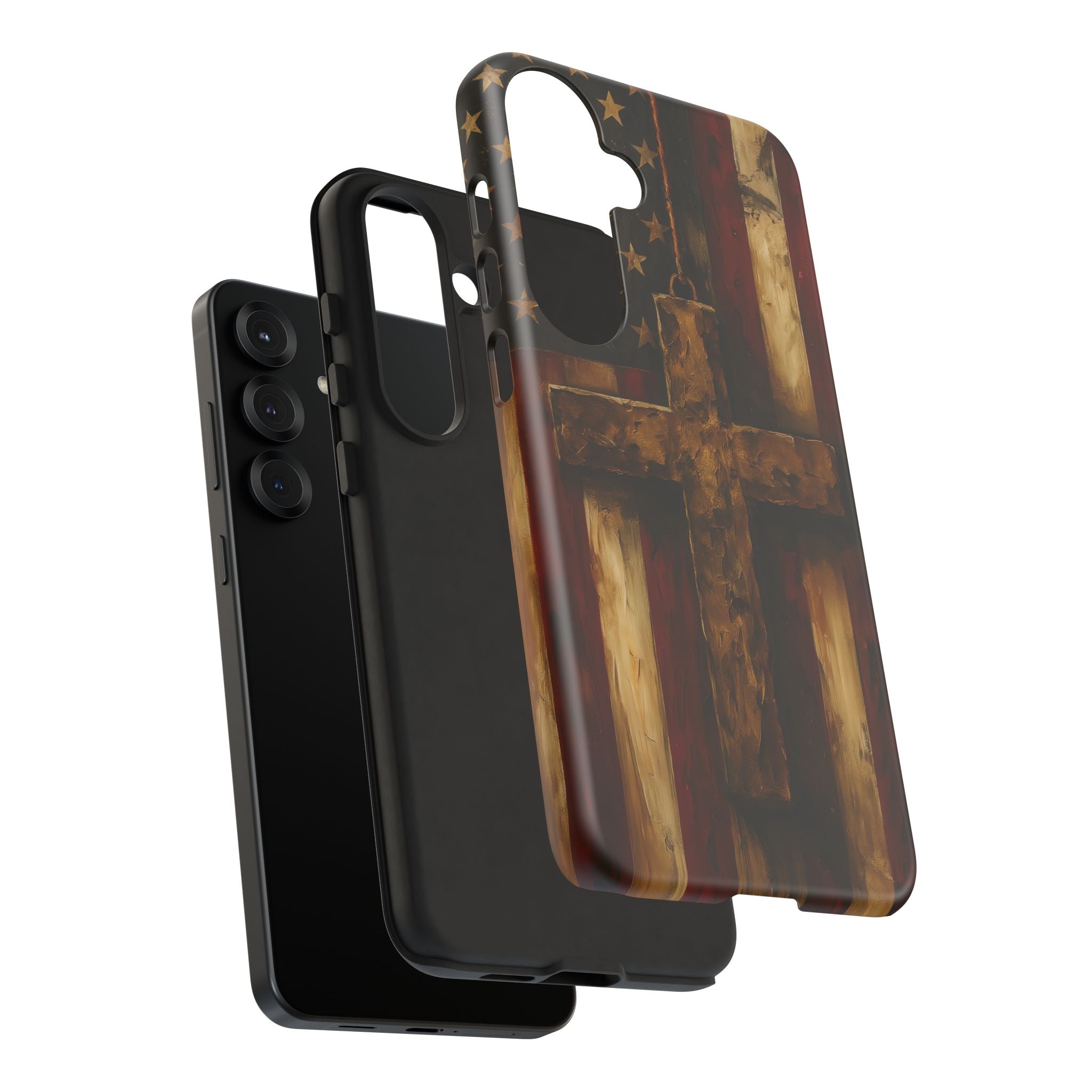 Forged in Faith Phone Case - Rustic Gold Cross &amp; American Flag | Patriotic Christian Case for iPhone, Samsung &amp; Pixel