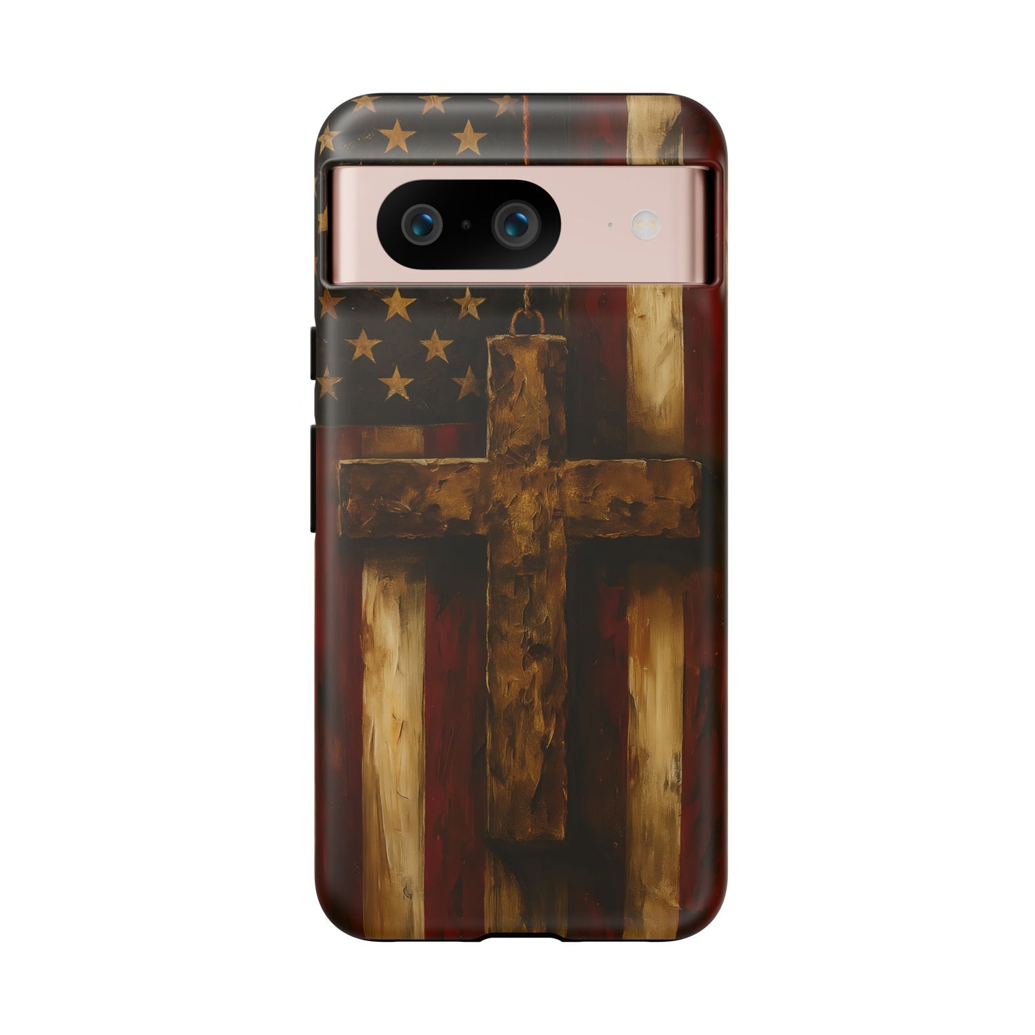 Forged in Faith Phone Case - Rustic Gold Cross &amp; American Flag | Patriotic Christian Case for iPhone, Samsung &amp; Pixel Google Pixel 8 Matte