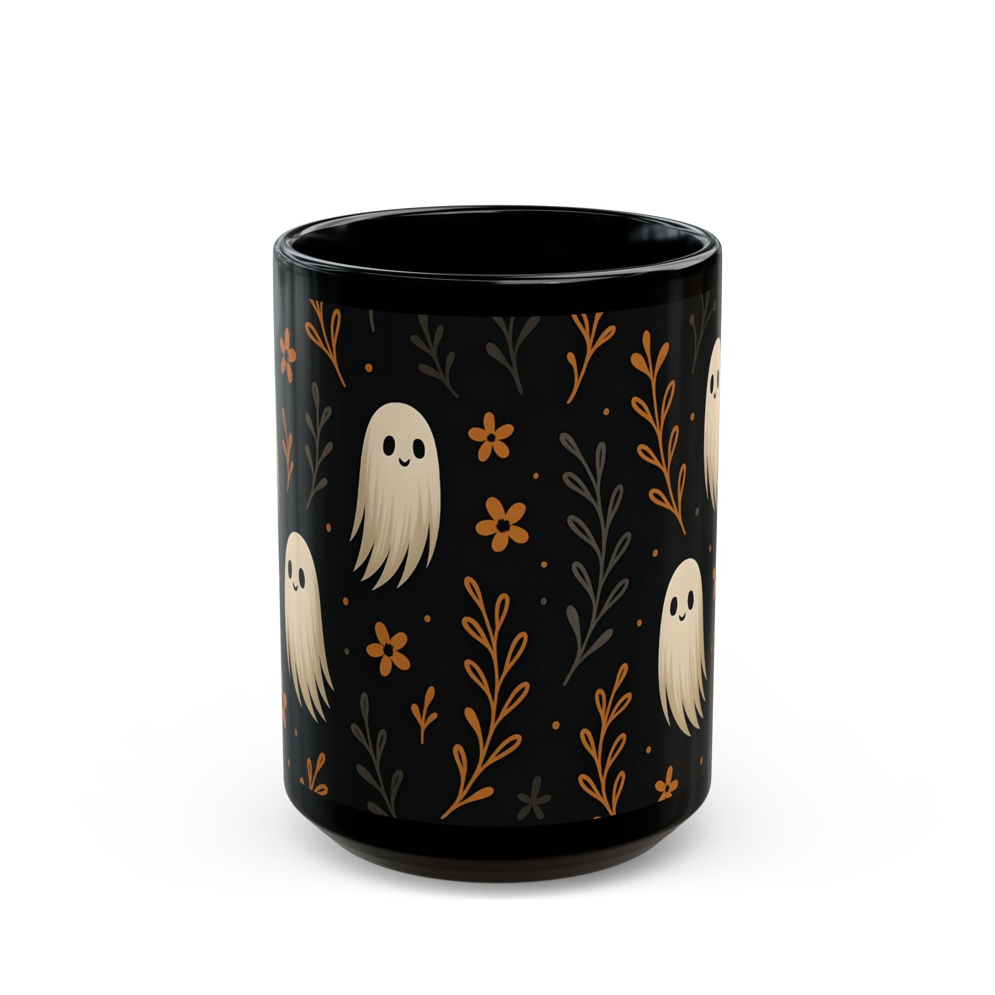 Cute Ghost Floral Black Mug - Halloween Coffee Cup | Spooky Kawaii Ceramic Mug Gift for Tea &amp; Coffee Lovers
