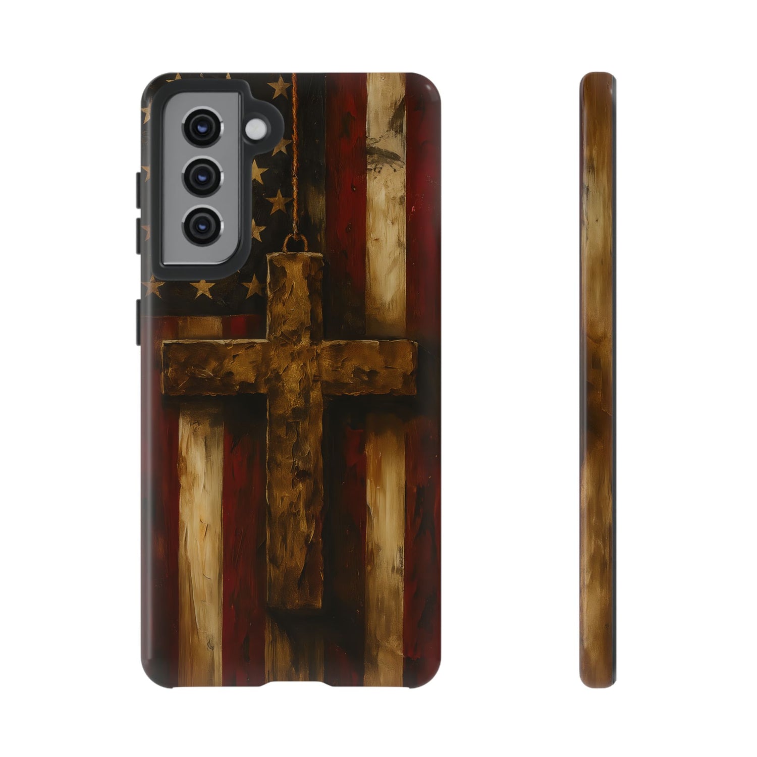 Forged in Faith Phone Case - Rustic Gold Cross &amp; American Flag | Patriotic Christian Case for iPhone, Samsung &amp; Pixel Samsung Galaxy S21 Glossy