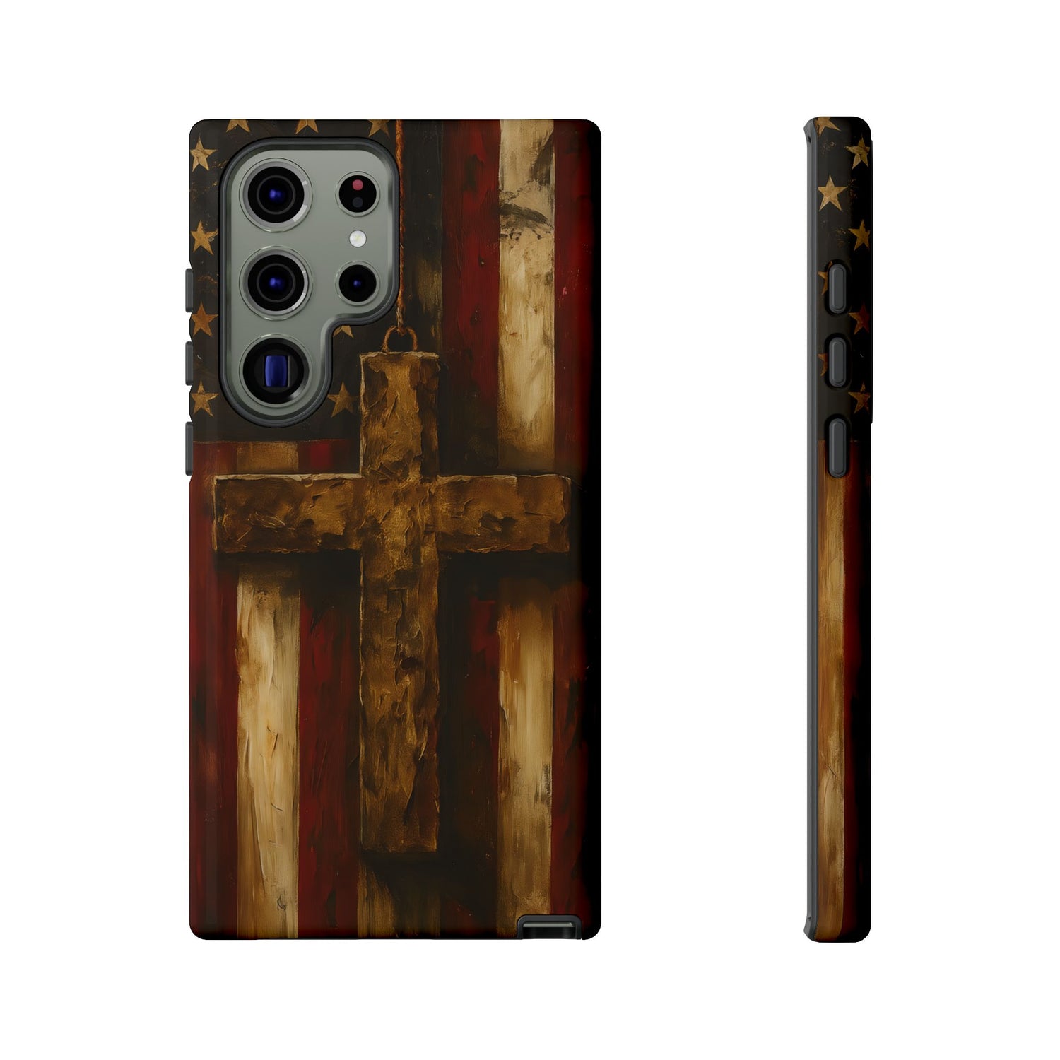 Forged in Faith Phone Case - Rustic Gold Cross &amp; American Flag | Patriotic Christian Case for iPhone, Samsung &amp; Pixel Samsung Galaxy S23 Ultra Glossy