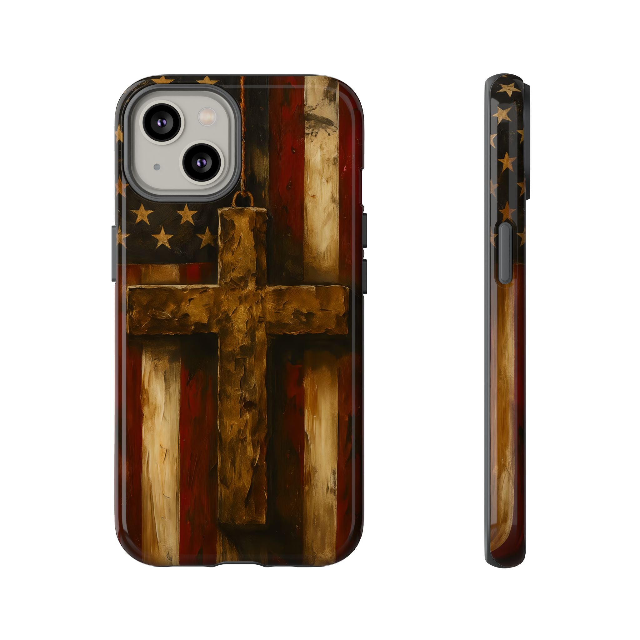 Forged in Faith Phone Case - Rustic Gold Cross &amp; American Flag | Patriotic Christian Case for iPhone, Samsung &amp; Pixel iPhone 14 Glossy