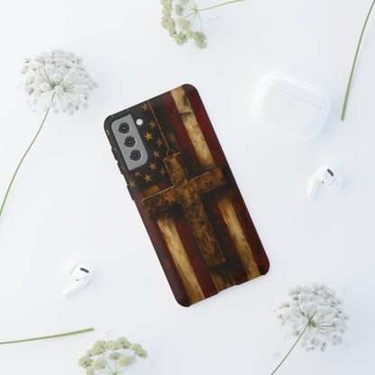 Forged in Faith Phone Case - Rustic Gold Cross &amp; American Flag | Patriotic Christian Case for iPhone, Samsung &amp; Pixel