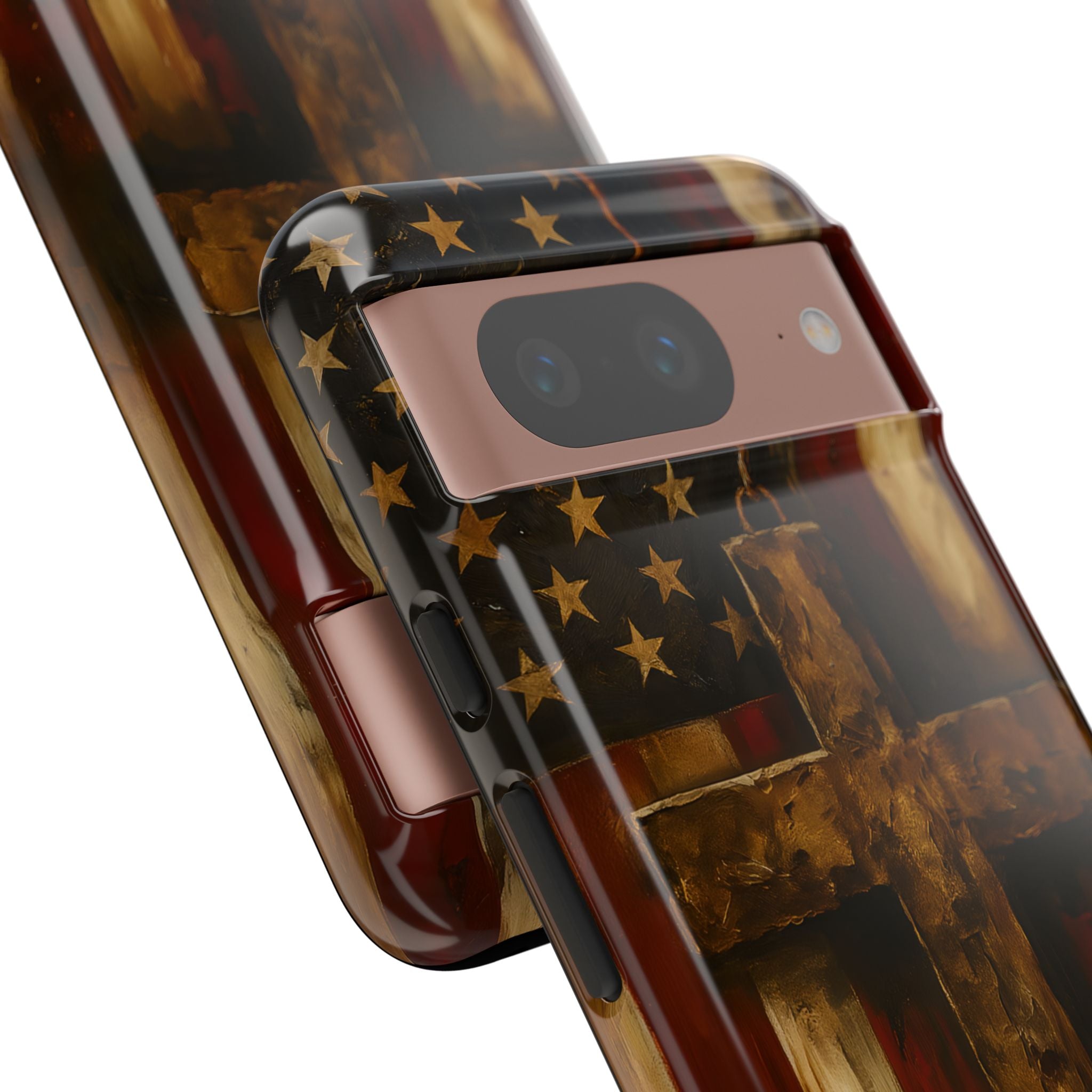 Forged in Faith Phone Case - Rustic Gold Cross &amp; American Flag | Patriotic Christian Case for iPhone, Samsung &amp; Pixel
