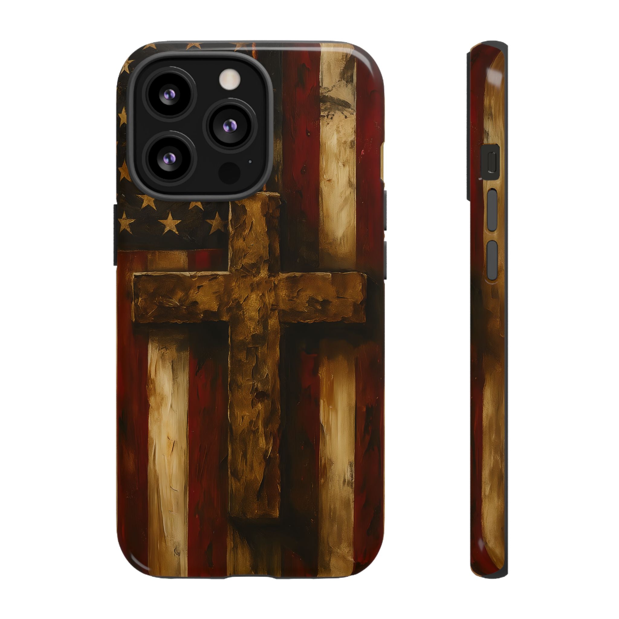 Forged in Faith Phone Case - Rustic Gold Cross &amp; American Flag | Patriotic Christian Case for iPhone, Samsung &amp; Pixel iPhone 13 Pro Glossy