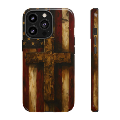 Forged in Faith Phone Case - Rustic Gold Cross &amp; American Flag | Patriotic Christian Case for iPhone, Samsung &amp; Pixel iPhone 13 Pro Glossy