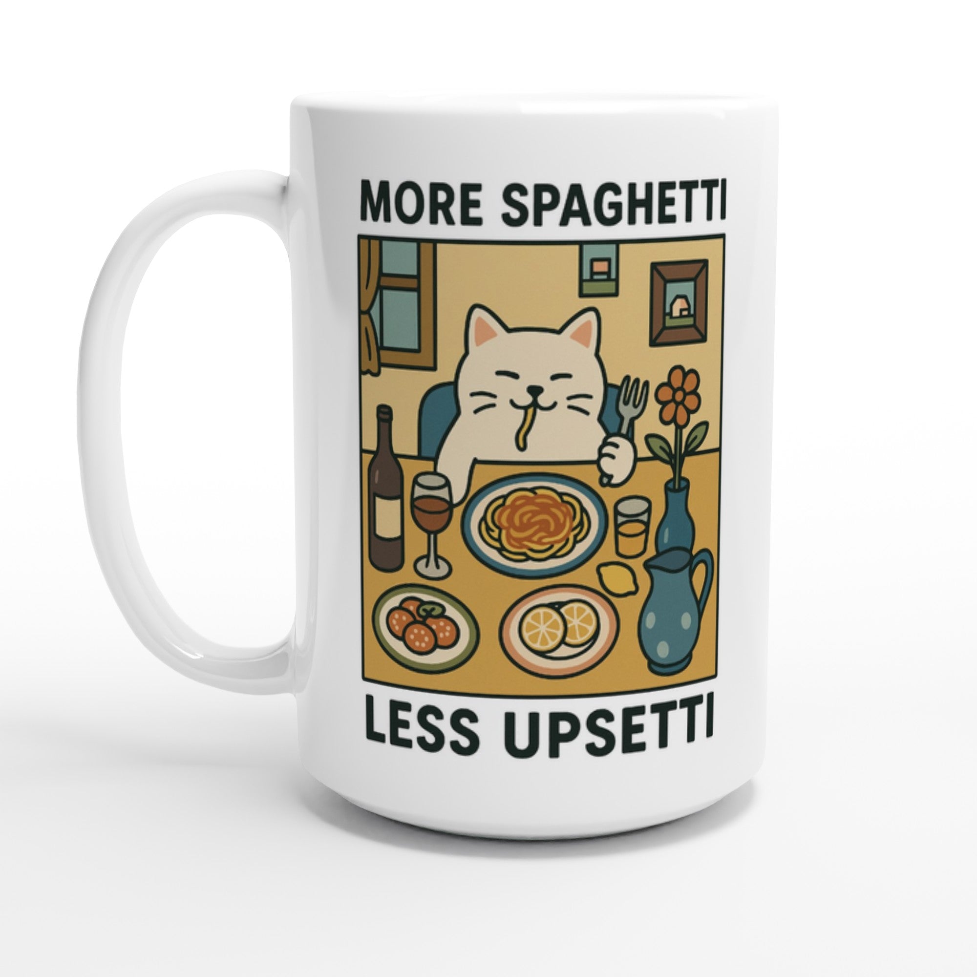 More Spaghetti Less Upsetti Mug - Cute Cat Lover Gift - 15oz Ceramic Cup for Coffee &amp; Tea - White 15oz Ceramic Mug
