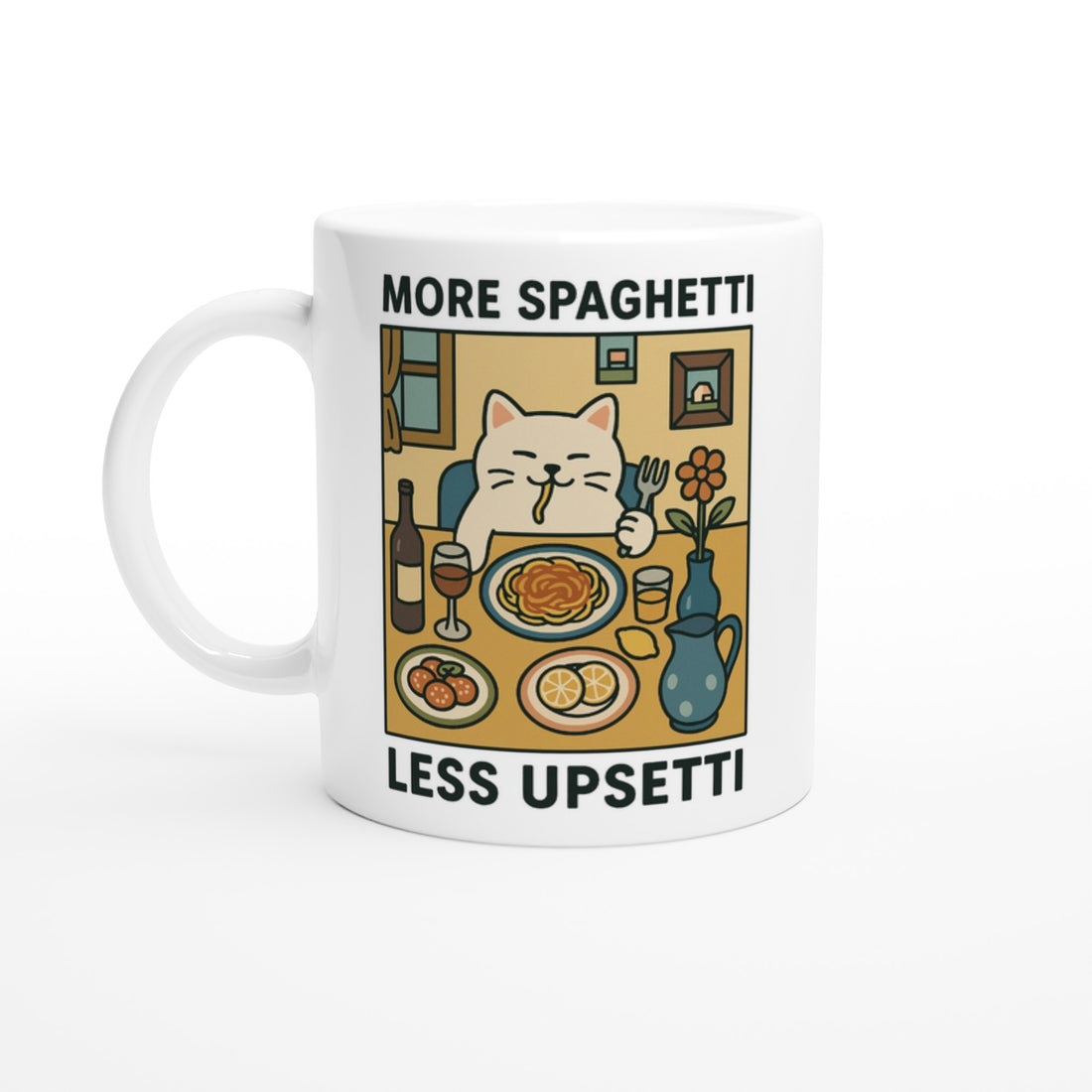 More Spaghetti Less Upsetti Mug - Cute Cat Lover Gift - 11oz Ceramic Cup for Coffee & Tea Ceramic White