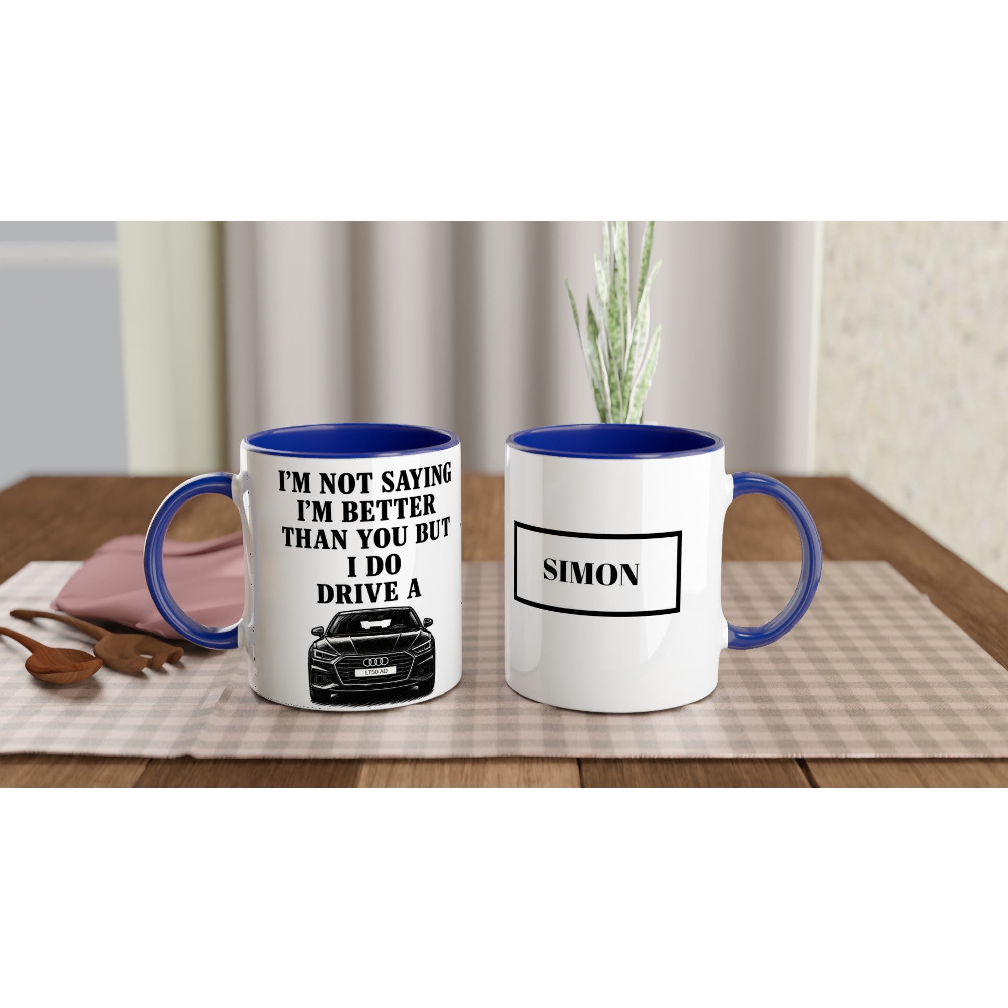 Funny Personalized Audi Mug - Custom Car Lover Dad Gift - Add Name &amp; Number Plate - 11oz Ceramic Ceramic Blue