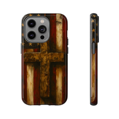 Forged in Faith Phone Case - Rustic Gold Cross &amp; American Flag | Patriotic Christian Case for iPhone, Samsung &amp; Pixel iPhone 14 Pro Glossy
