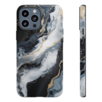 Celestial Marble Phone Case - Black &amp; Gold Swirl Design iPhone 13 Pro Max Glossy