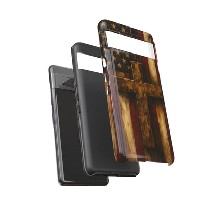Forged in Faith Phone Case - Rustic Gold Cross &amp; American Flag | Patriotic Christian Case for iPhone, Samsung &amp; Pixel