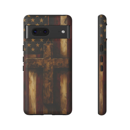Forged in Faith Phone Case - Rustic Gold Cross &amp; American Flag | Patriotic Christian Case for iPhone, Samsung &amp; Pixel Google Pixel 7 Matte