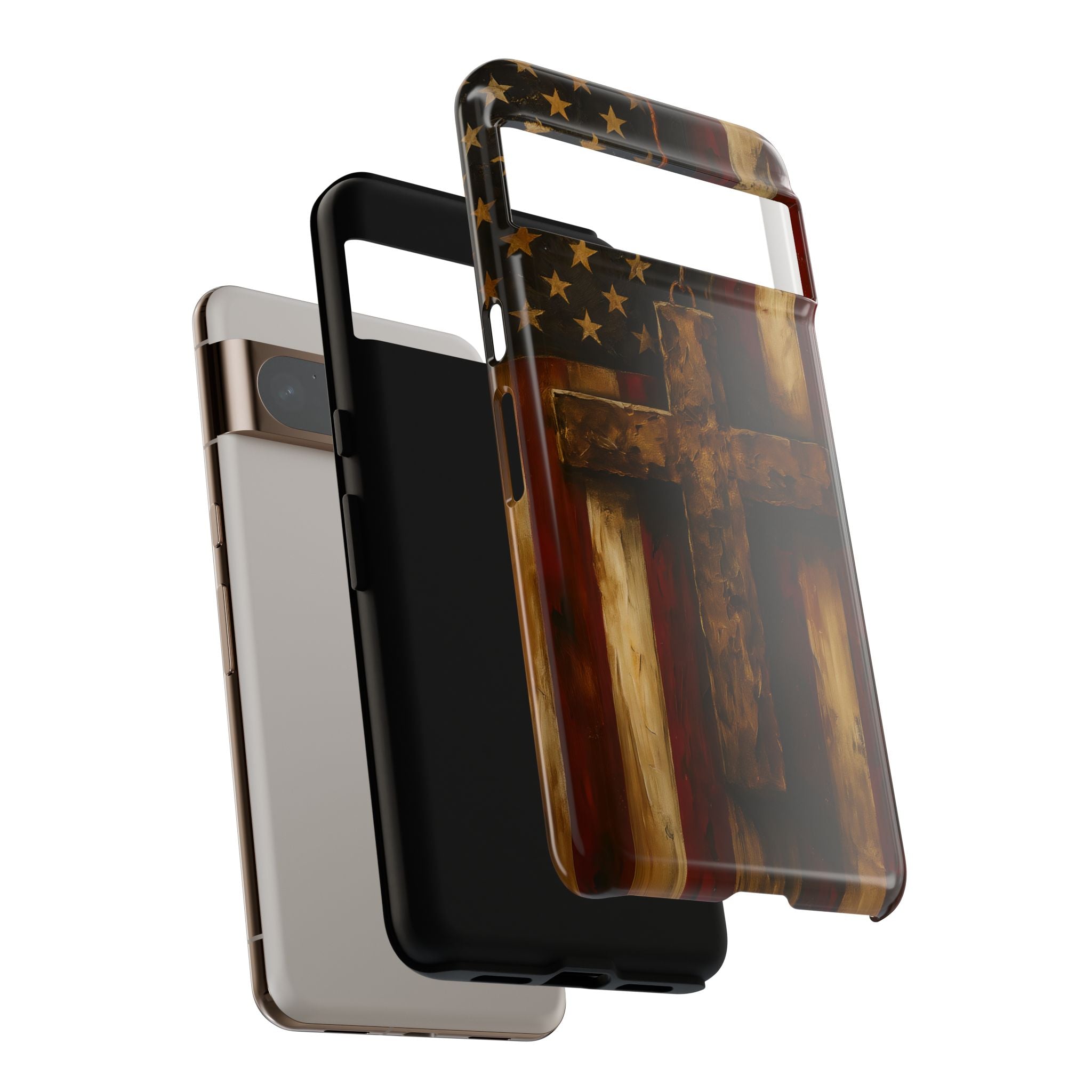 Forged in Faith Phone Case - Rustic Gold Cross &amp; American Flag | Patriotic Christian Case for iPhone, Samsung &amp; Pixel