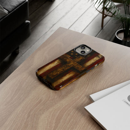Forged in Faith Phone Case - Rustic Gold Cross &amp; American Flag | Patriotic Christian Case for iPhone, Samsung &amp; Pixel