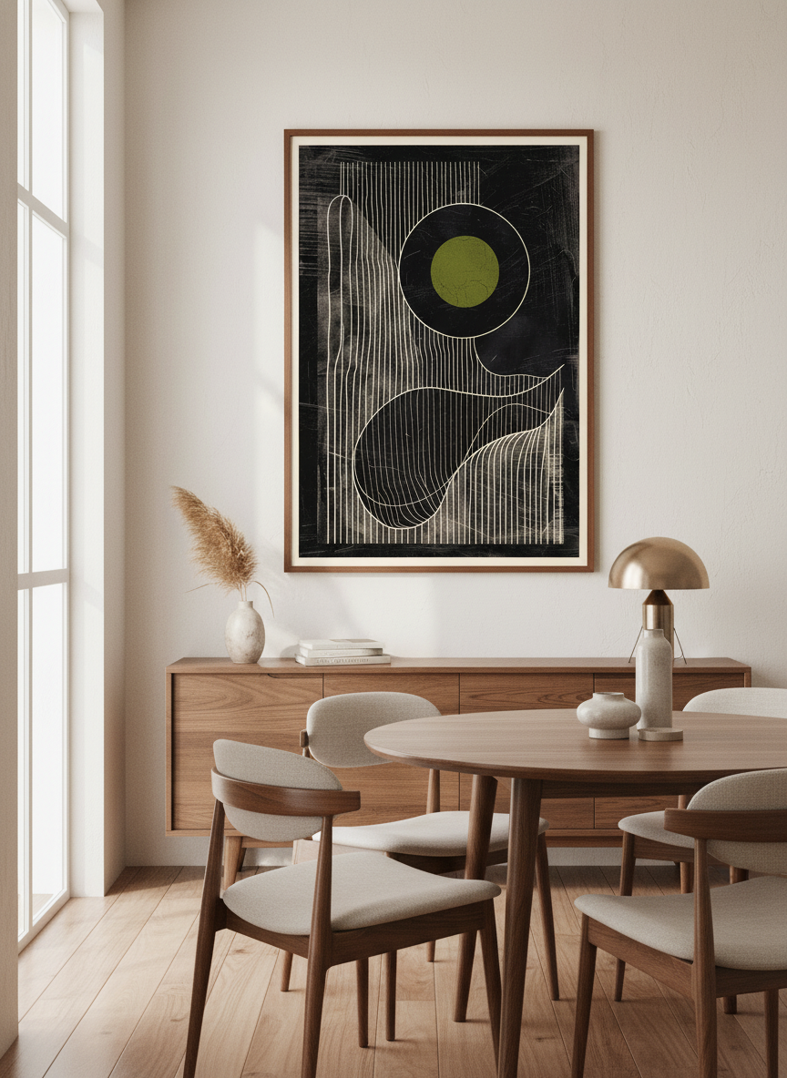 Olive Eclipse: Linear Noir Abstraction - Modern Minimalist Wall Art Print