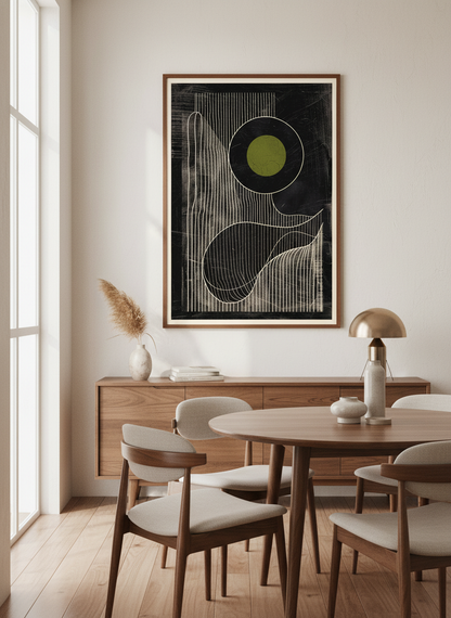 Olive Eclipse: Linear Noir Abstraction - Modern Minimalist Wall Art Print