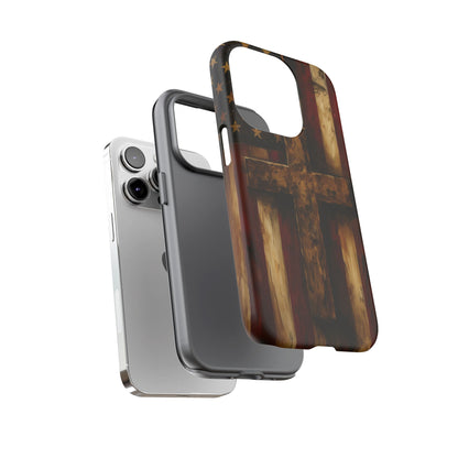 Forged in Faith Phone Case - Rustic Gold Cross &amp; American Flag | Patriotic Christian Case for iPhone, Samsung &amp; Pixel