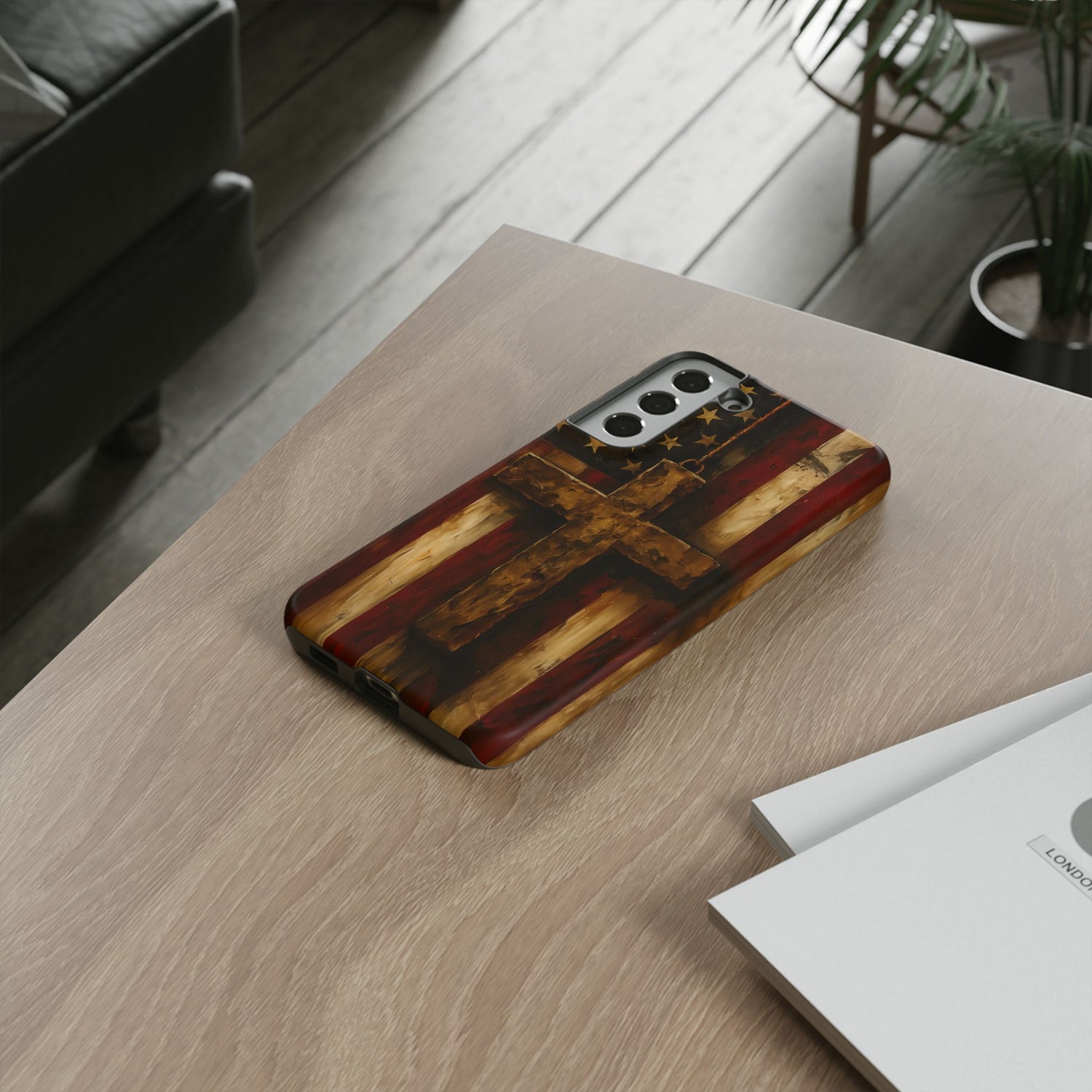 Forged in Faith Phone Case - Rustic Gold Cross &amp; American Flag | Patriotic Christian Case for iPhone, Samsung &amp; Pixel