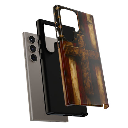Forged in Faith Phone Case - Rustic Gold Cross &amp; American Flag | Patriotic Christian Case for iPhone, Samsung &amp; Pixel