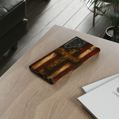 Forged in Faith Phone Case - Rustic Gold Cross &amp; American Flag | Patriotic Christian Case for iPhone, Samsung &amp; Pixel