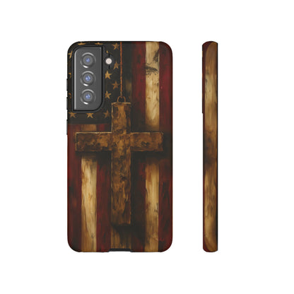 Forged in Faith Phone Case - Rustic Gold Cross &amp; American Flag | Patriotic Christian Case for iPhone, Samsung &amp; Pixel Samsung Galaxy S21 FE Matte
