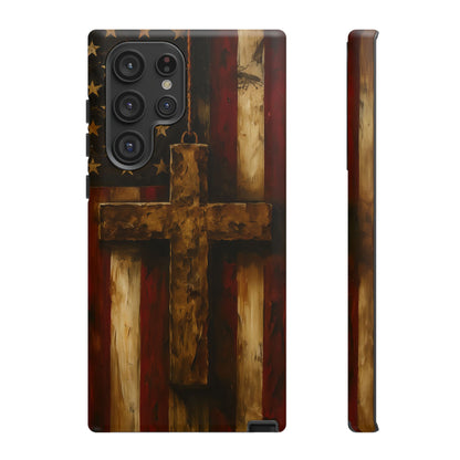 Forged in Faith Phone Case - Rustic Gold Cross &amp; American Flag | Patriotic Christian Case for iPhone, Samsung &amp; Pixel Samsung Galaxy S22 Ultra Matte