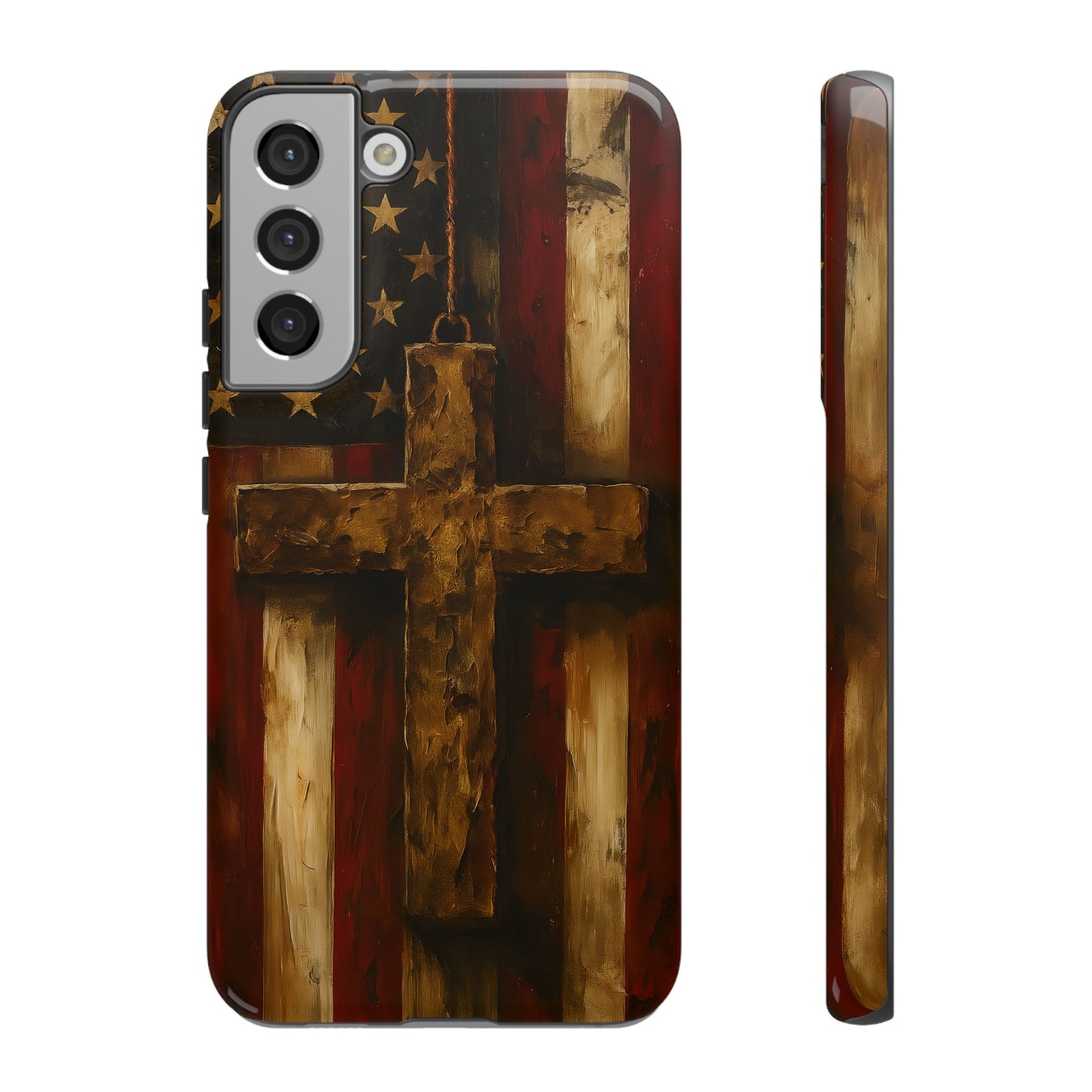 Forged in Faith Phone Case - Rustic Gold Cross &amp; American Flag | Patriotic Christian Case for iPhone, Samsung &amp; Pixel Samsung Galaxy S22 Plus Glossy
