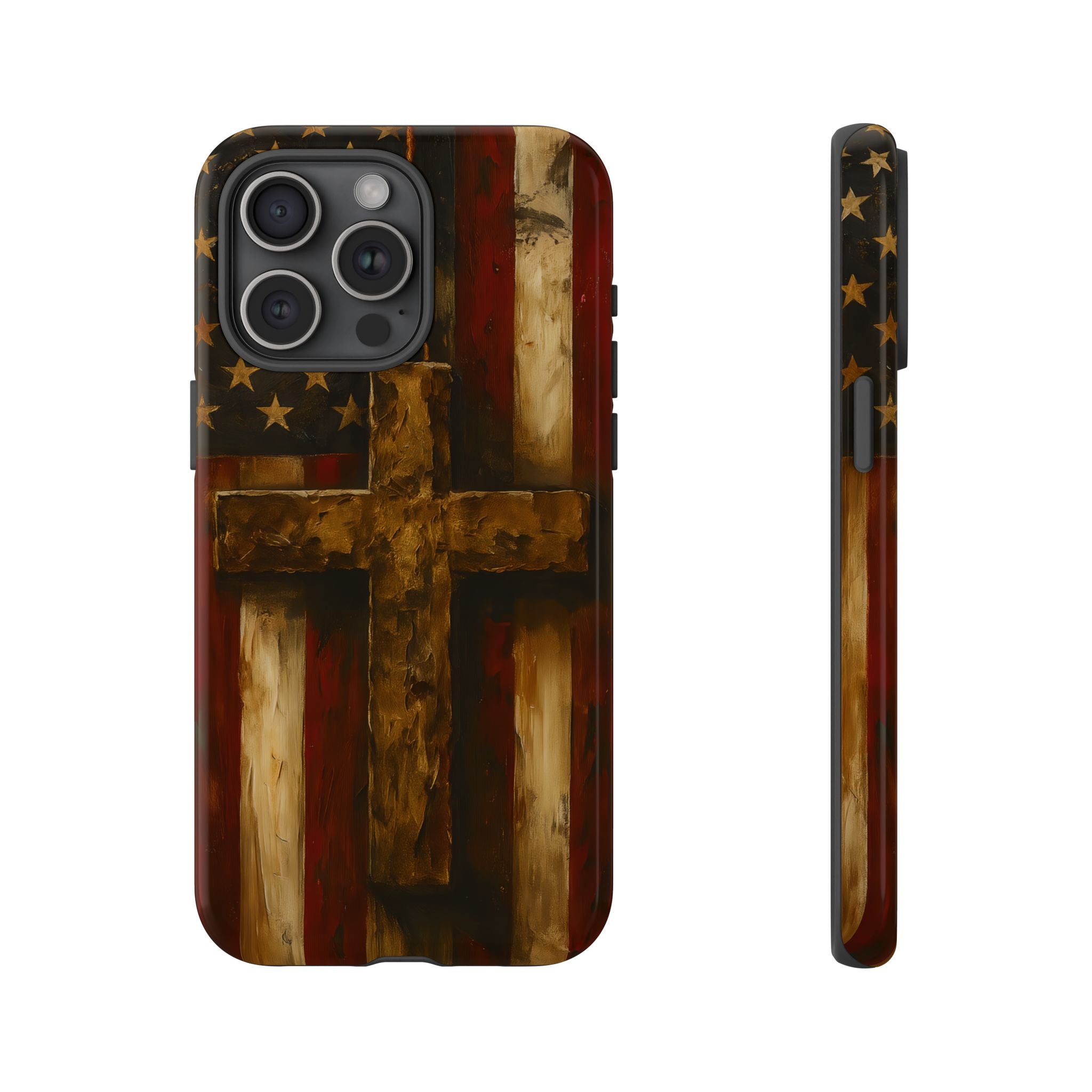Forged in Faith Phone Case - Rustic Gold Cross &amp; American Flag | Patriotic Christian Case for iPhone, Samsung &amp; Pixel iPhone 15 Pro Max Glossy