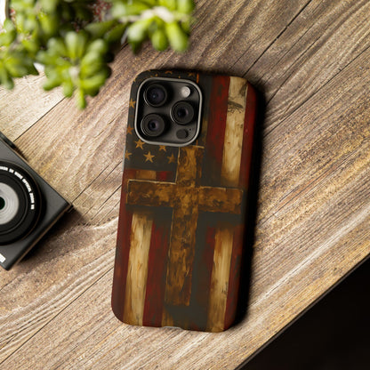 Forged in Faith Phone Case - Rustic Gold Cross &amp; American Flag | Patriotic Christian Case for iPhone, Samsung &amp; Pixel