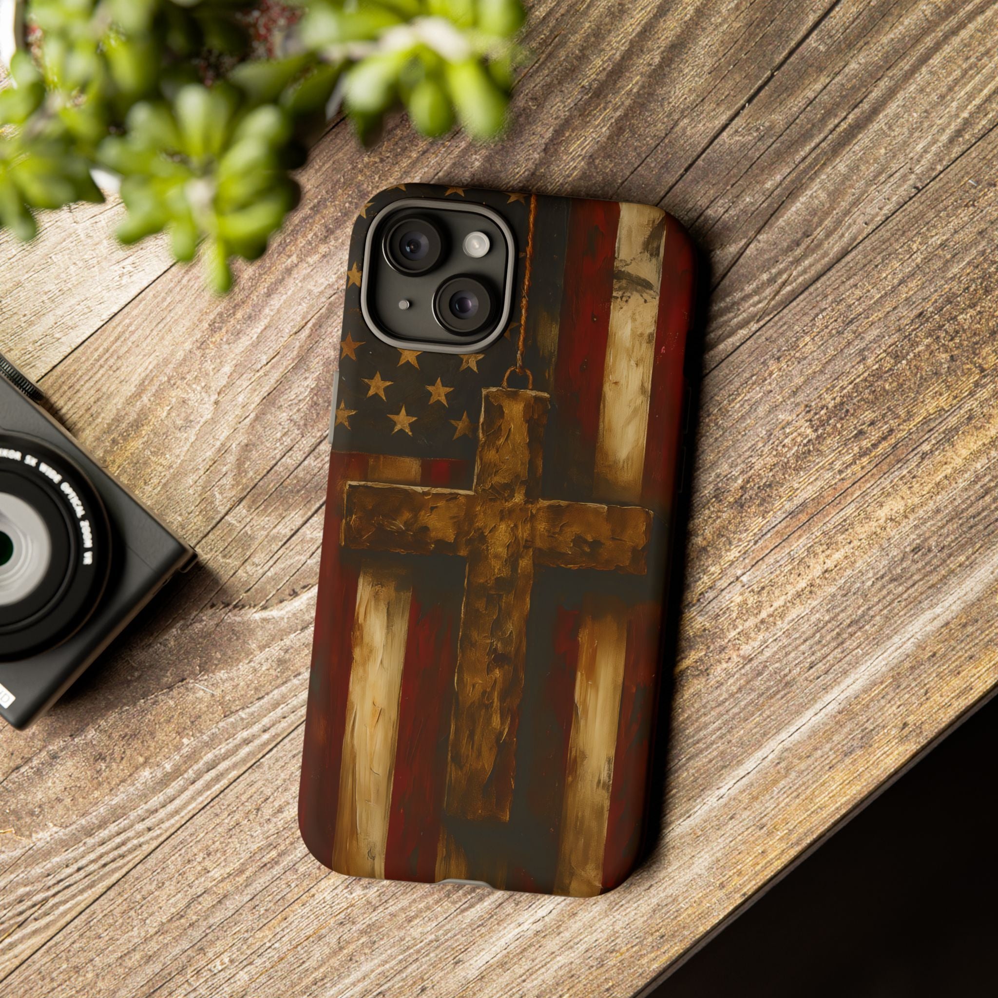 Forged in Faith Phone Case - Rustic Gold Cross &amp; American Flag | Patriotic Christian Case for iPhone, Samsung &amp; Pixel