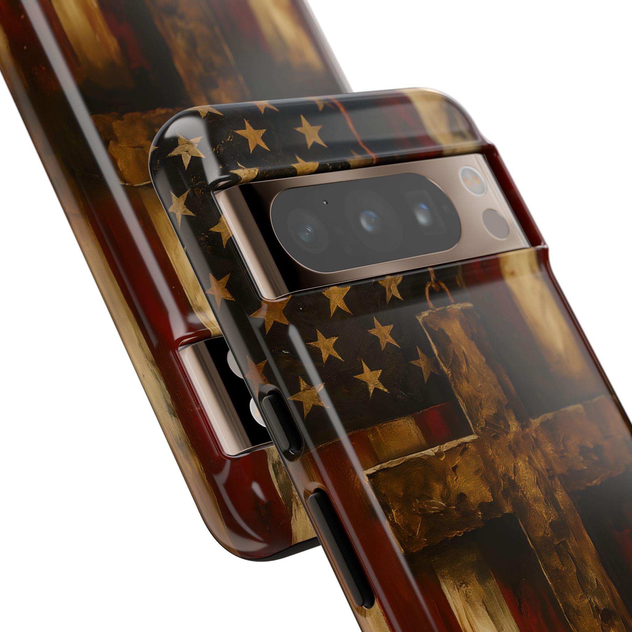 Forged in Faith Phone Case - Rustic Gold Cross &amp; American Flag | Patriotic Christian Case for iPhone, Samsung &amp; Pixel