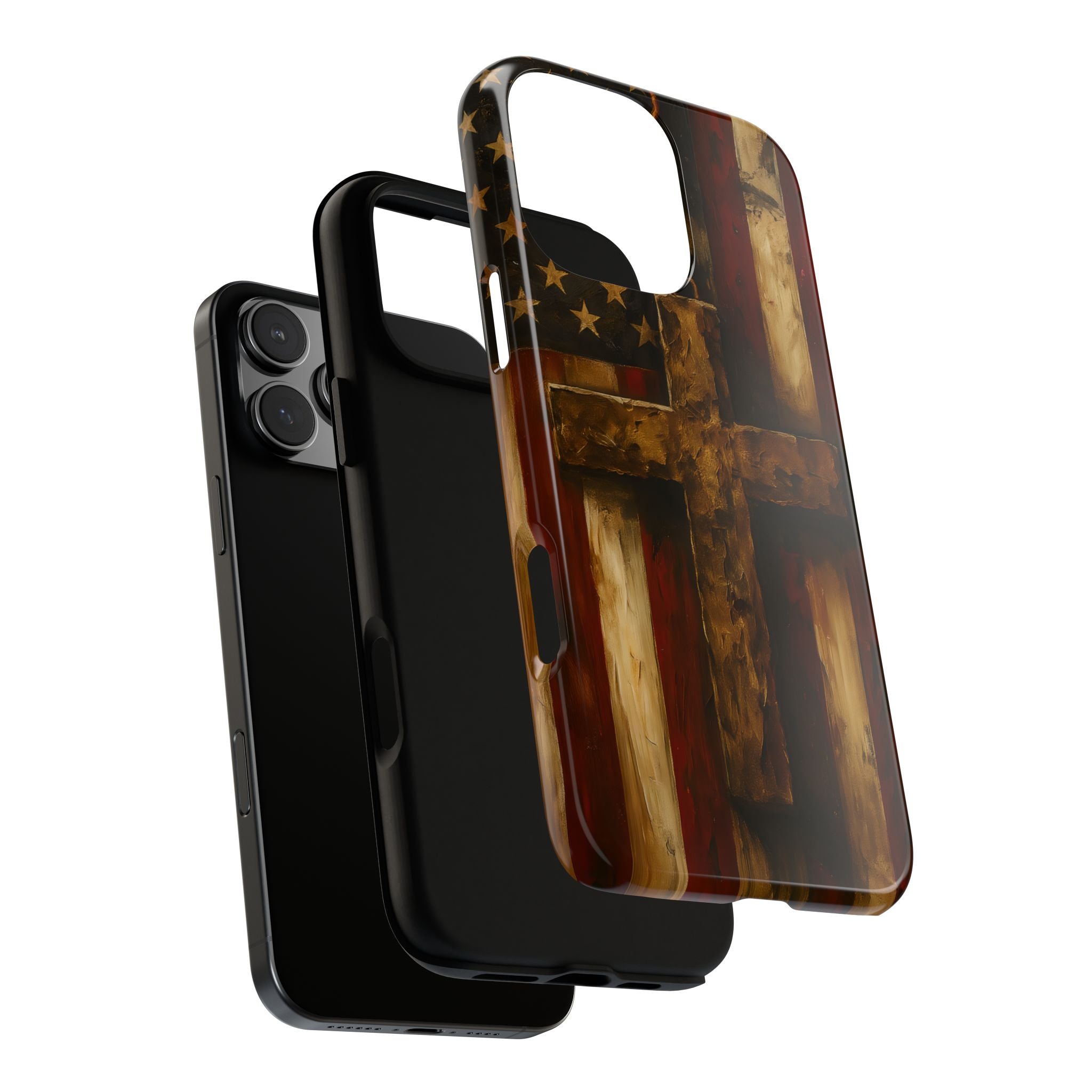 Forged in Faith Phone Case - Rustic Gold Cross &amp; American Flag | Patriotic Christian Case for iPhone, Samsung &amp; Pixel