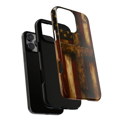 Forged in Faith Phone Case - Rustic Gold Cross &amp; American Flag | Patriotic Christian Case for iPhone, Samsung &amp; Pixel