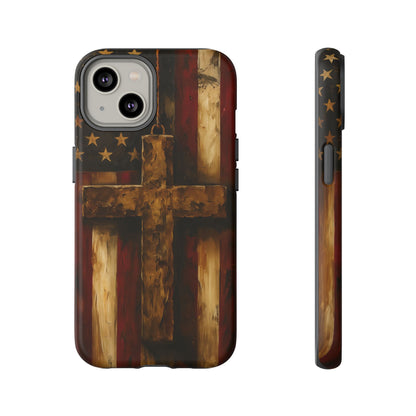 Forged in Faith Phone Case - Rustic Gold Cross &amp; American Flag | Patriotic Christian Case for iPhone, Samsung &amp; Pixel iPhone 14 Matte