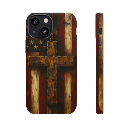 Forged in Faith Phone Case - Rustic Gold Cross &amp; American Flag | Patriotic Christian Case for iPhone, Samsung &amp; Pixel iPhone 13 Mini Matte