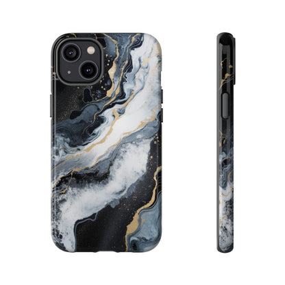 Celestial Marble Phone Case - Black &amp; Gold Swirl Design iPhone 14 Plus Glossy