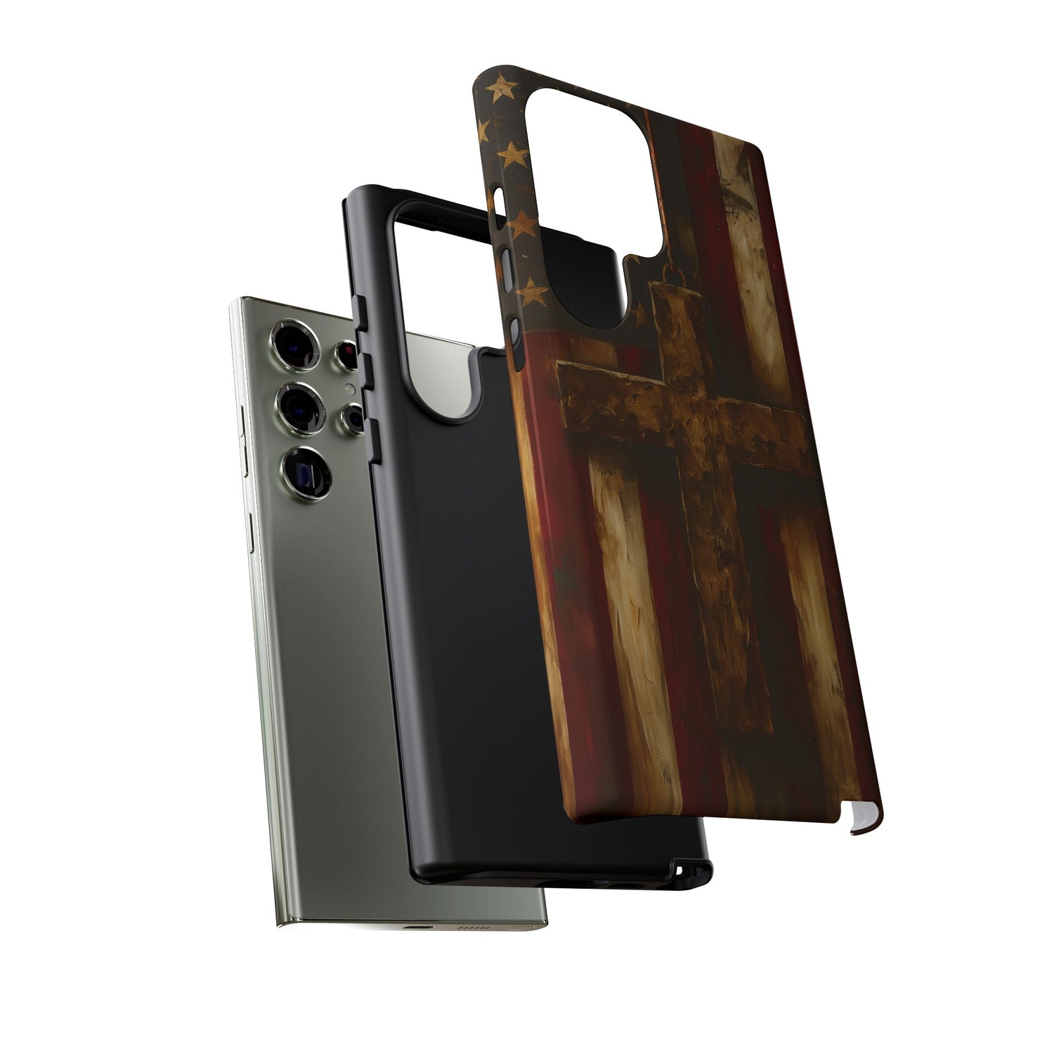Forged in Faith Phone Case - Rustic Gold Cross &amp; American Flag | Patriotic Christian Case for iPhone, Samsung &amp; Pixel