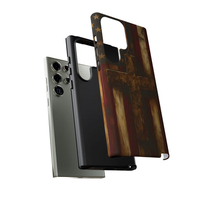 Forged in Faith Phone Case - Rustic Gold Cross &amp; American Flag | Patriotic Christian Case for iPhone, Samsung &amp; Pixel