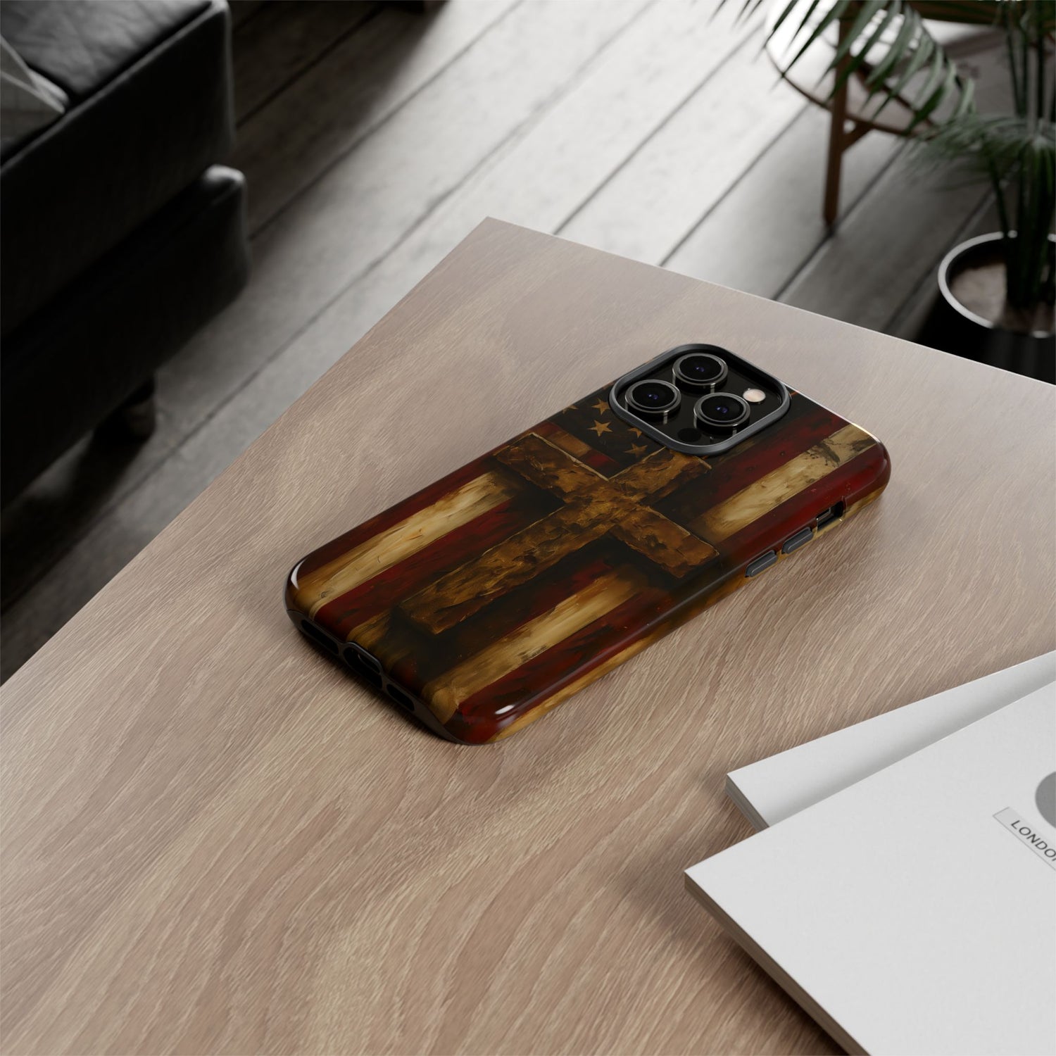Forged in Faith Phone Case - Rustic Gold Cross &amp; American Flag | Patriotic Christian Case for iPhone, Samsung &amp; Pixel