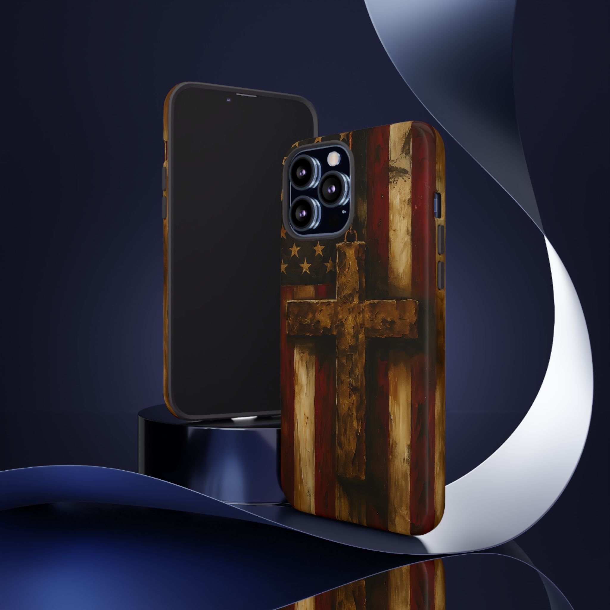 Forged in Faith Phone Case - Rustic Gold Cross &amp; American Flag | Patriotic Christian Case for iPhone, Samsung &amp; Pixel