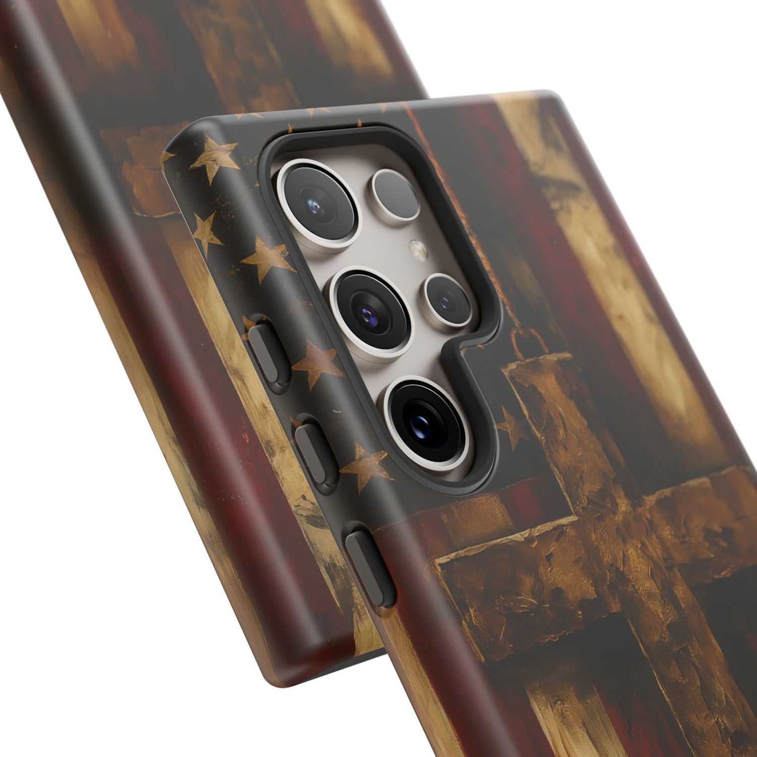 Forged in Faith Phone Case - Rustic Gold Cross &amp; American Flag | Patriotic Christian Case for iPhone, Samsung &amp; Pixel