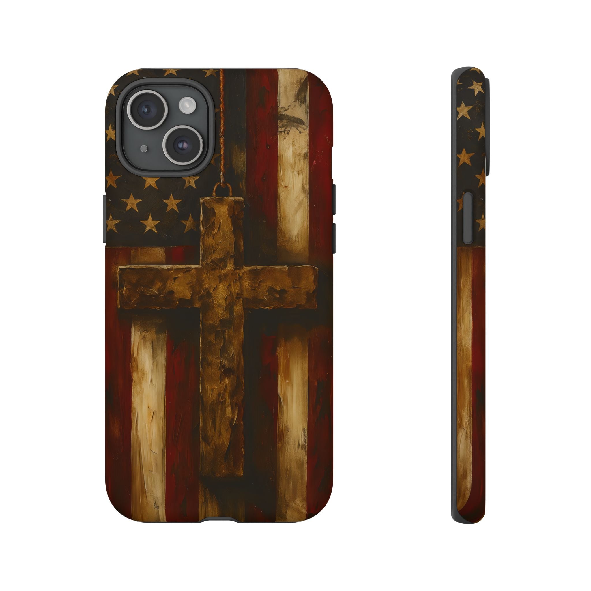 Forged in Faith Phone Case - Rustic Gold Cross &amp; American Flag | Patriotic Christian Case for iPhone, Samsung &amp; Pixel iPhone 15 Plus Matte